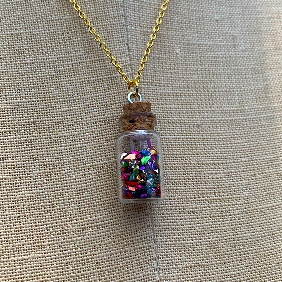 Hand Crafted Jewelry - NWT Glass Bottle with Shard Confetti Necklace with Sterling Silver Plated Chain